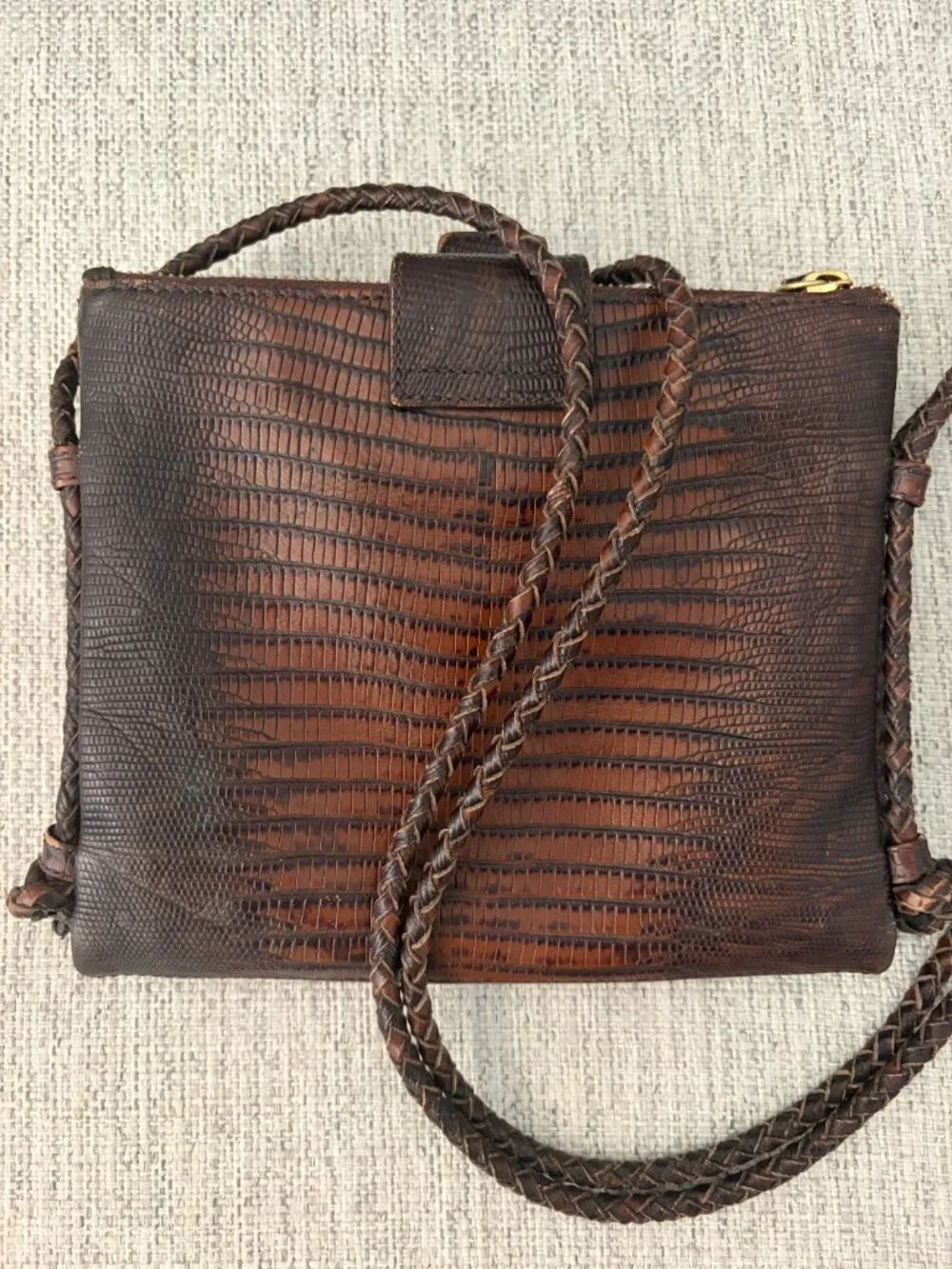 Vintage Brahmin Mojito Braided Strap Crossbody Reptile Embossed Leather Dk Brown - Picture 9 of 14
